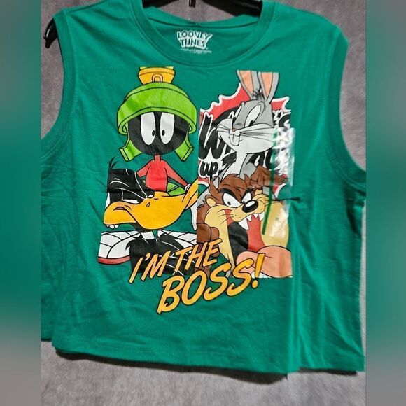 Looney Tunes Women's Cropped Tank Top "I'm the Boss" XXL Bugs Bunny Teal Green - Picture 2 of 3